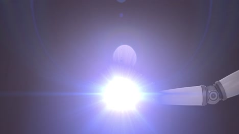 Animation-Einer-Beleuchteten-Glühbirne-über-Der-Hand-Eines-Ausgestreckten-Roboterarms-Und-Licht-Auf-Dunklem-Hintergrund