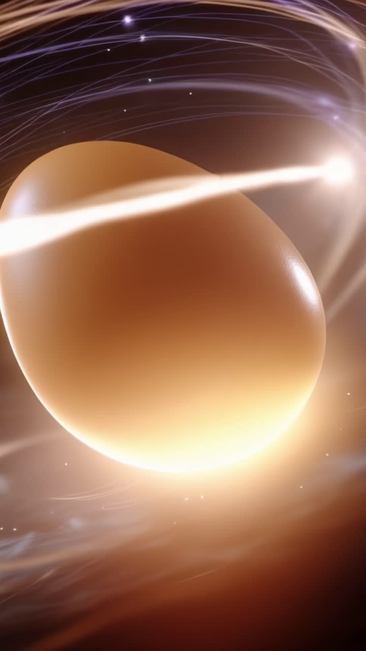 Two captivating frames featuring a glowing egg suspended in a swirling cosmic backdrop, highlighting its smooth texture and the interplay of light and shadow