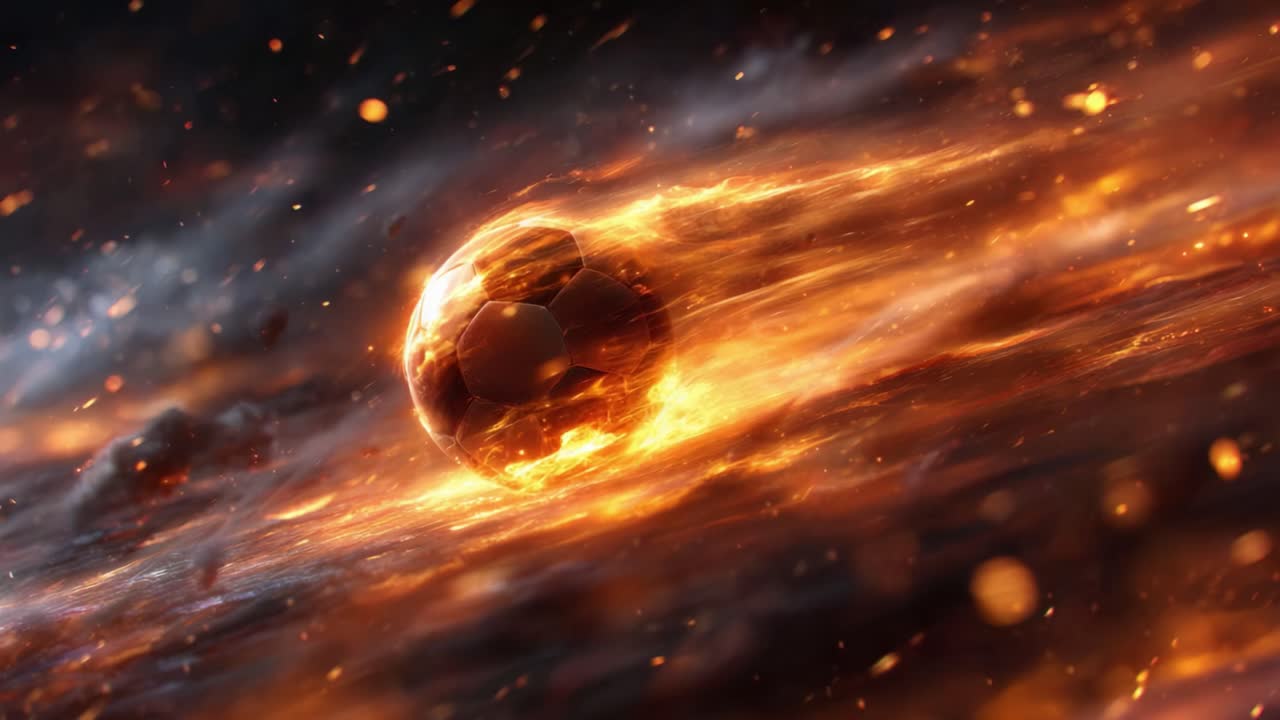 A mesmerizing visual of a blazing soccer ball hurtling through a fiery, swirling atmosphere, illuminated by vibrant orange and golden flames against a dark celestial backdrop
