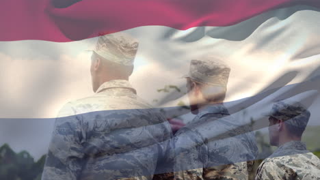 animación de la bandera de los países bajos sobre varios soldados varones