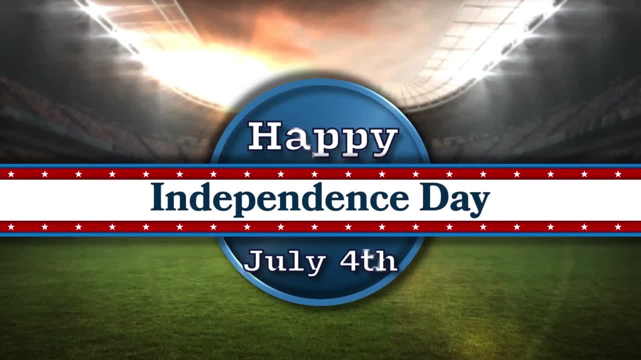 스타디움 위의 미국 국기 색상의 별과 줄무 ⁇ 를 가진  ⁇ 발의 구성