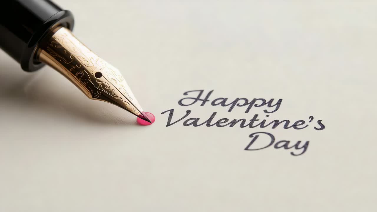 Touching gold nib placing pink heart decorating Happy Valentine's Day on cream paper, pulling back