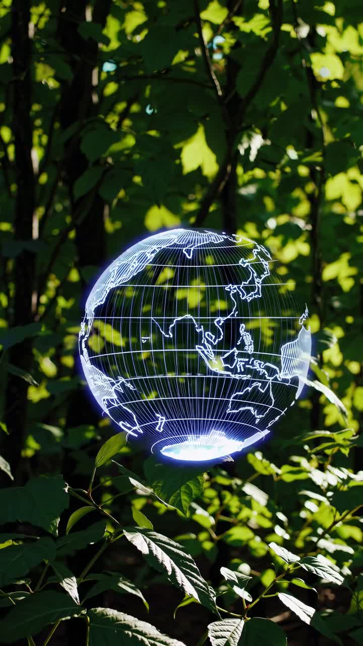 Aerial view of a digital globe overlay amidst lush green leaves, capturing a futuristic concept