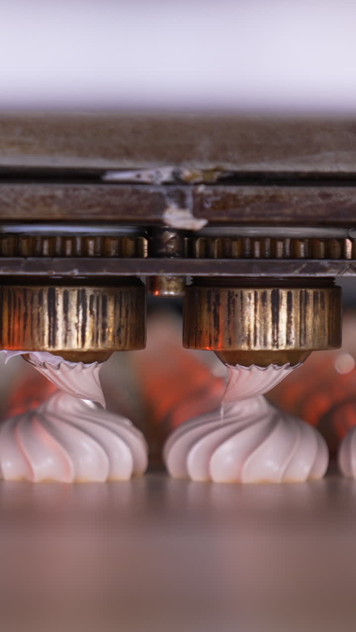 Metal nozzles are turning to squeeze creamy marshmallows on the conveyor belt. Confectionery production at food factory. Vertical video