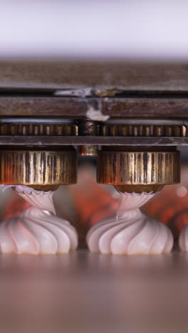 metal nozzles are turning to squeeze creamy marshmallows on the conveyor belt. confectionery production at food factory. vertical video