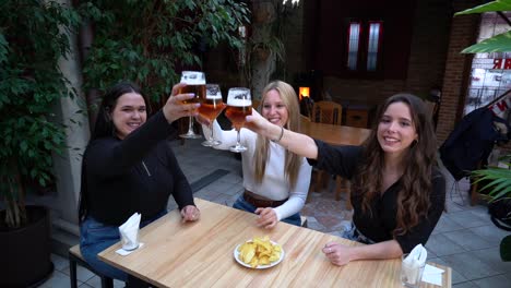 Glad-girlfriends-drinking-beer-and-talking-in-bar