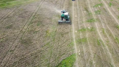 Aerial-view-of-a-green-vintage-combine-harvester-mows-wheat-in-the-field-for-the-food-industry,-yellow-reap-grain-crops,-sunny-summer-day,-birdseye-shot-tilt-down