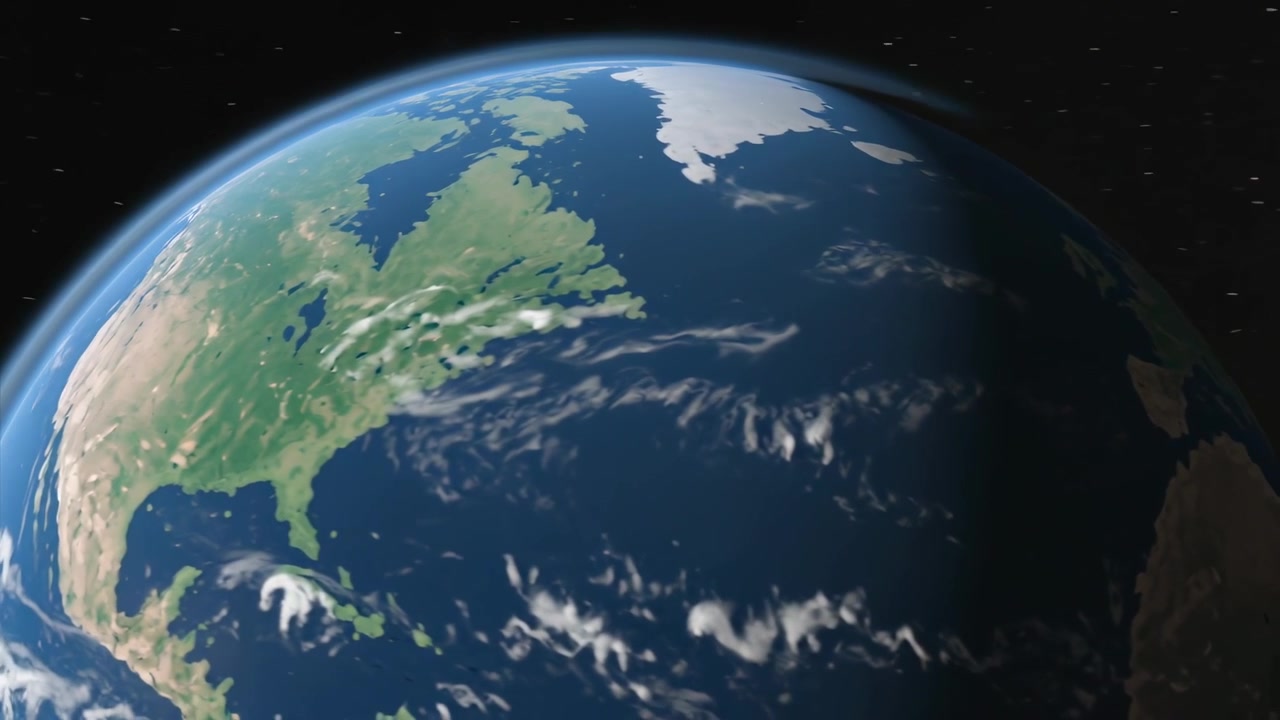 Terra che ruota rivelando il Nord America e l'Atlantico nello spazio, con la luce solare in movimento e le nuvole visibili.