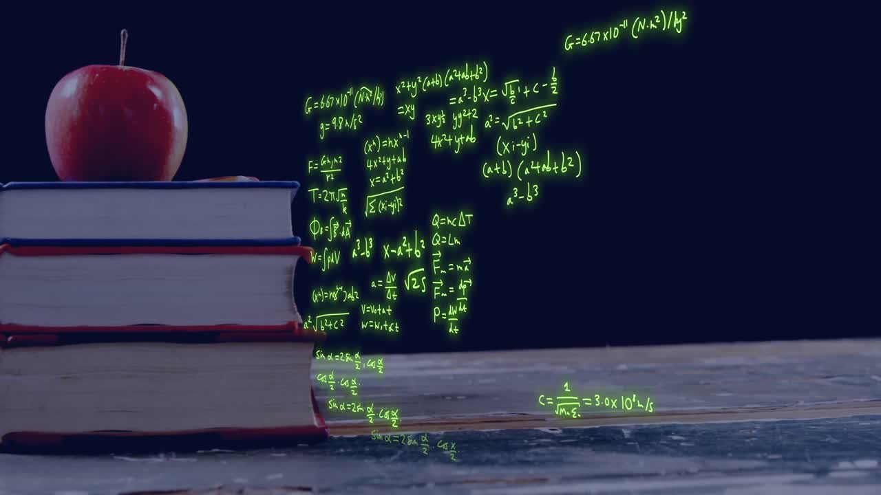 animación del procesamiento de datos científicos sobre la manzana en la pila de libros.