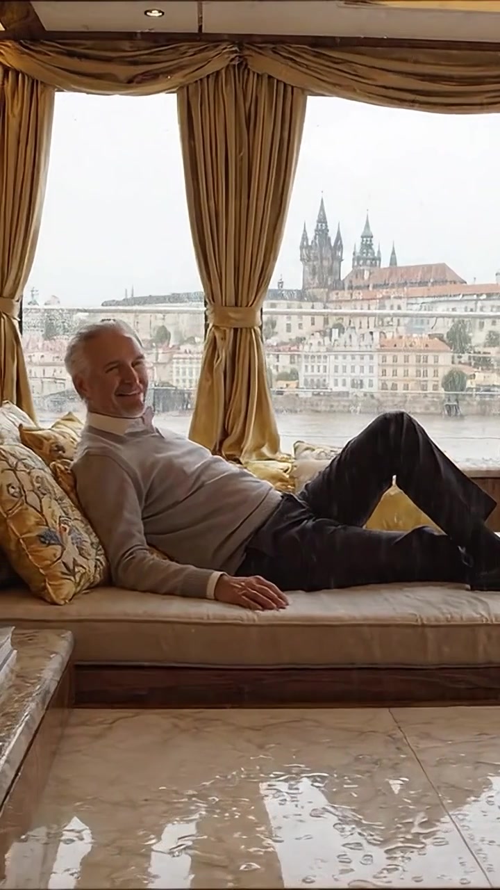 A Relaxed Man Enjoys a Scenic View of the City from a Luxurious Couch on a Rainy Day, Highlighting Comfort and Serenity in an Urban Setting