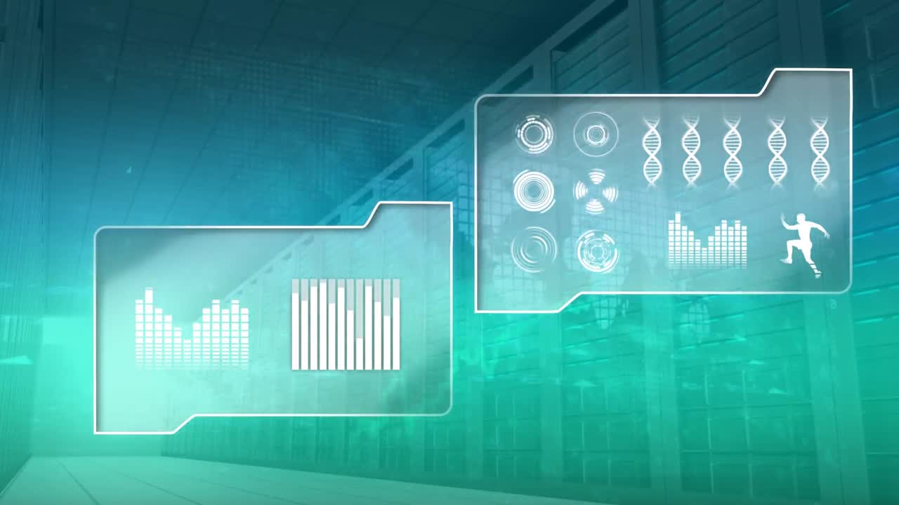 carpetas con gráficos de barras, círculos futuristas, humano digital y doble hélice de adn con torres de servidor i