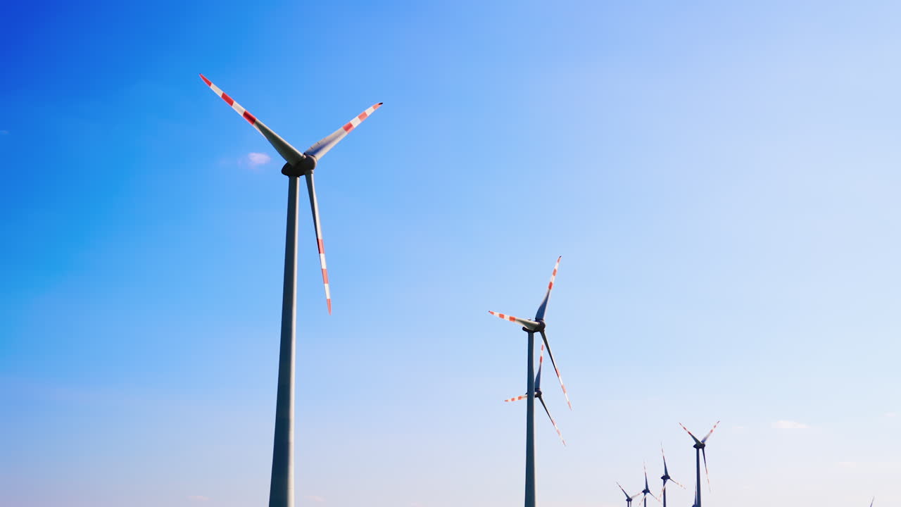 Wind turbines in a field. Rows of wind turbines stand tall against a clear blue sky, harnessing wind power for renewable energy production