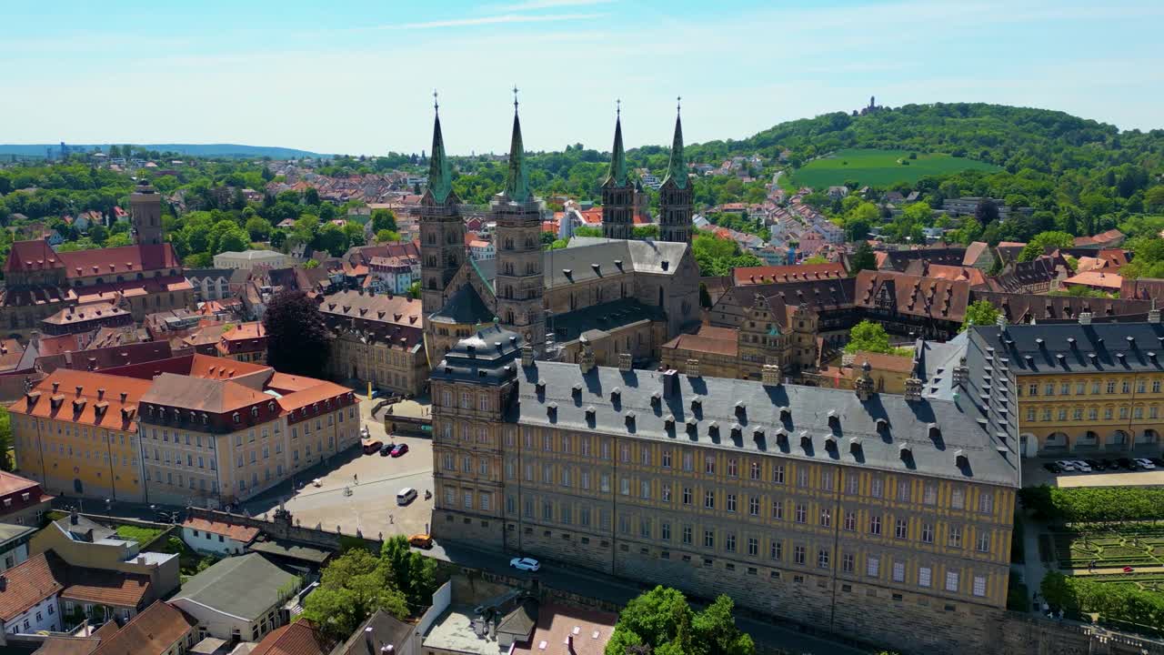 4K Aerial Drone Video of the Historic Neue Residenz Palace, Bamberg Cathedral, and Bamberg Castle in the Old Town area of Bamberg, Germany