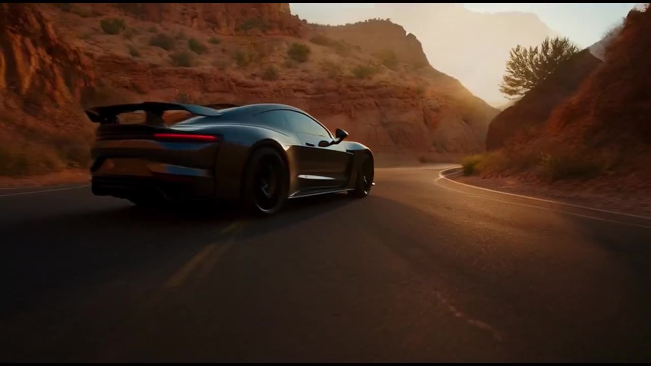 Auto sportiva in corsa su una strada panoramica nel deserto al tramonto.