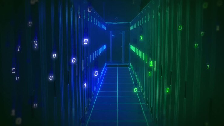 Animation of binary coding over blue and green server room