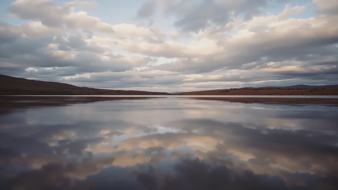 Starting clip showing dawn clouds drifting over lakeshore, reflecting low hills and calm water