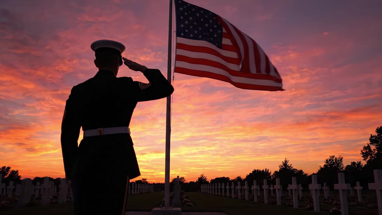 Un Saluto Solitario: Un Veterano Onora il Sacrificio al Tramonto, Venerando gli Eroi Caduti Sotto la Bandiera Americana Mentre i Colori Danzano nel Cielo Serale