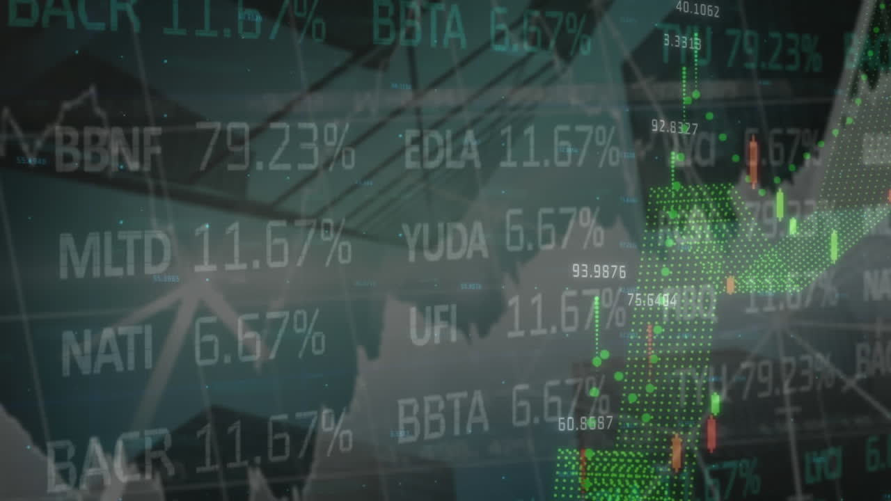 Animazione di elaborazione dati finanziari e di borsa su una vista dal basso di edifici alti.