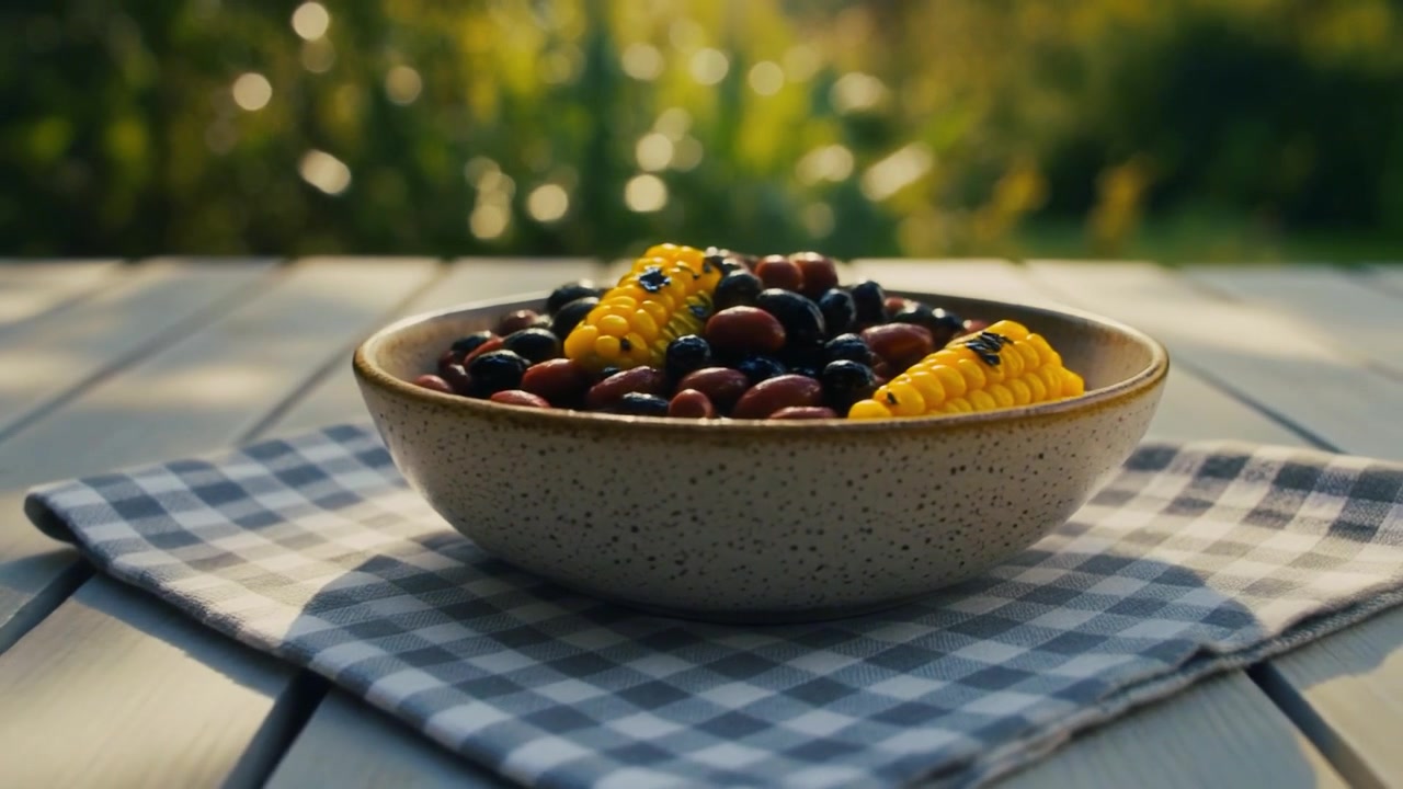 Bowl of Beans and Corn on a Picnic Table