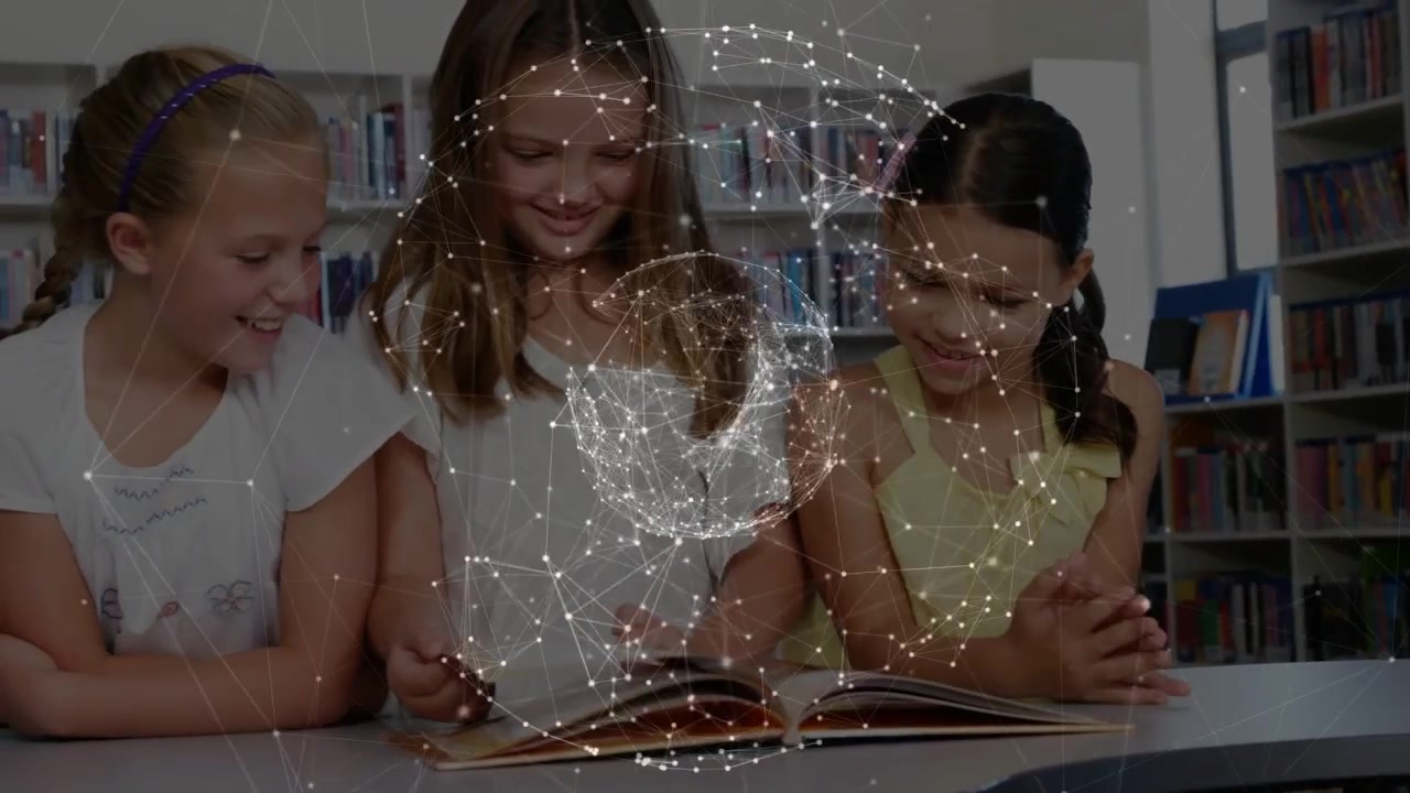 Vertical video: Third girl joining, girls reading and pointing while globe over book in library