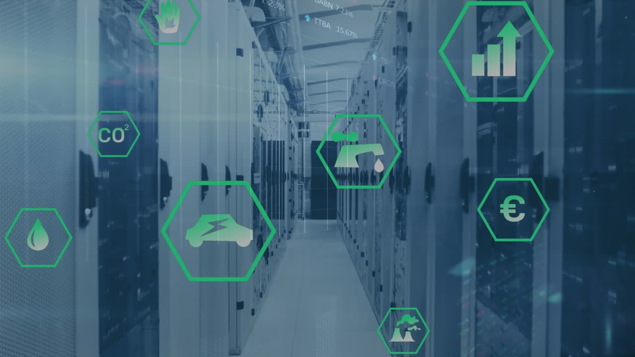 animación de iconos digitales y procesamiento de datos a través de servidores informáticos