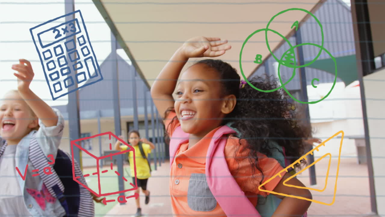 Animation of school icons over diverse schoolchildren