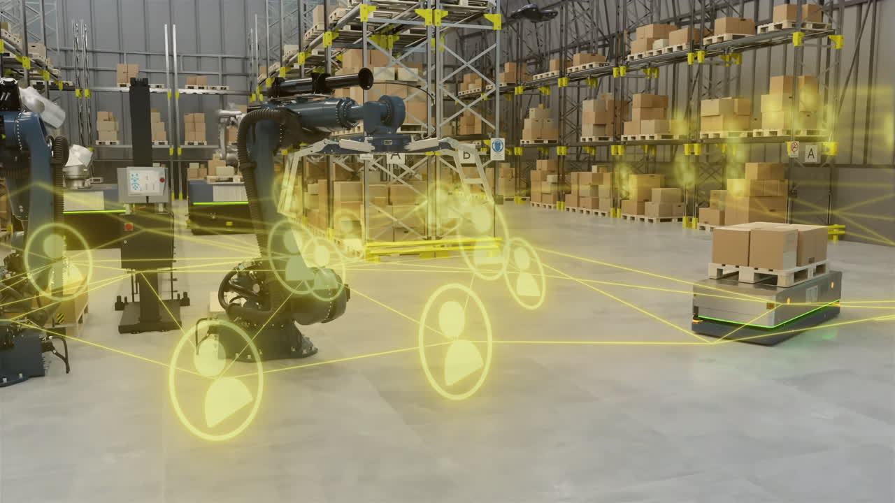 brazos robóticos y vehículos automatizados en el almacén con animación de conexiones de red