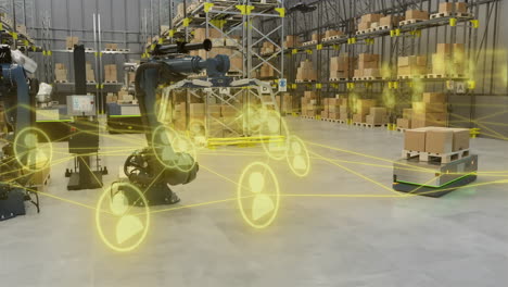 brazos robóticos y vehículos automatizados en el almacén con animación de conexiones de red