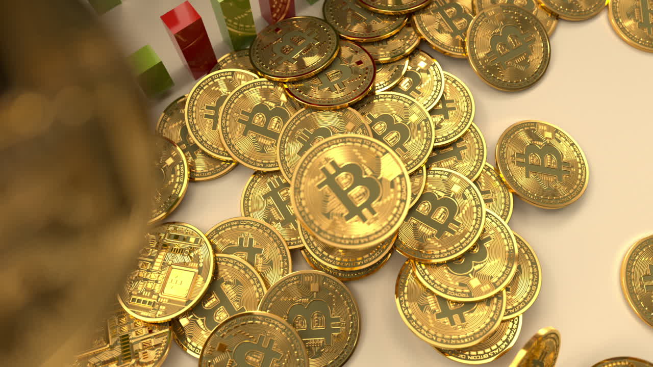 Monete Bitcoin Dorate che Cadono e Si Accumulano con Grafico Finanziario