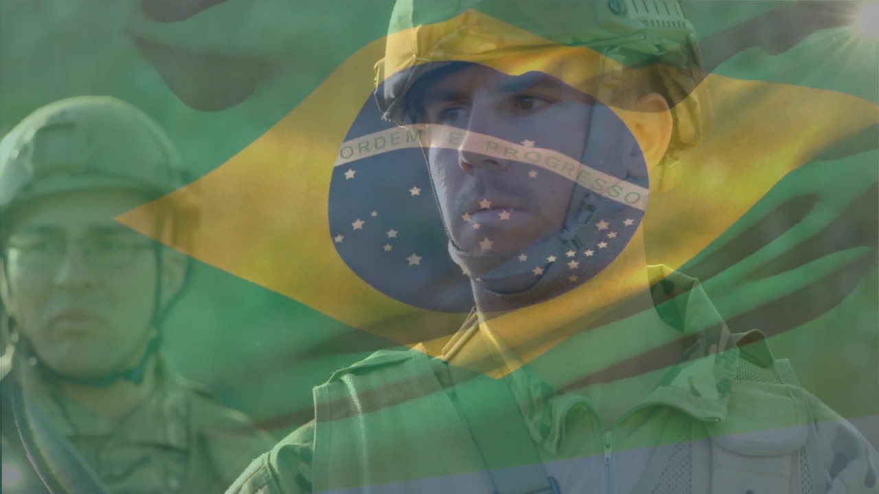 Brazilian flag animation overlaying soldiers in military uniforms outdoors