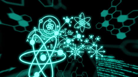 animación de moléculas y procesamiento de datos científicos sobre un fondo negro