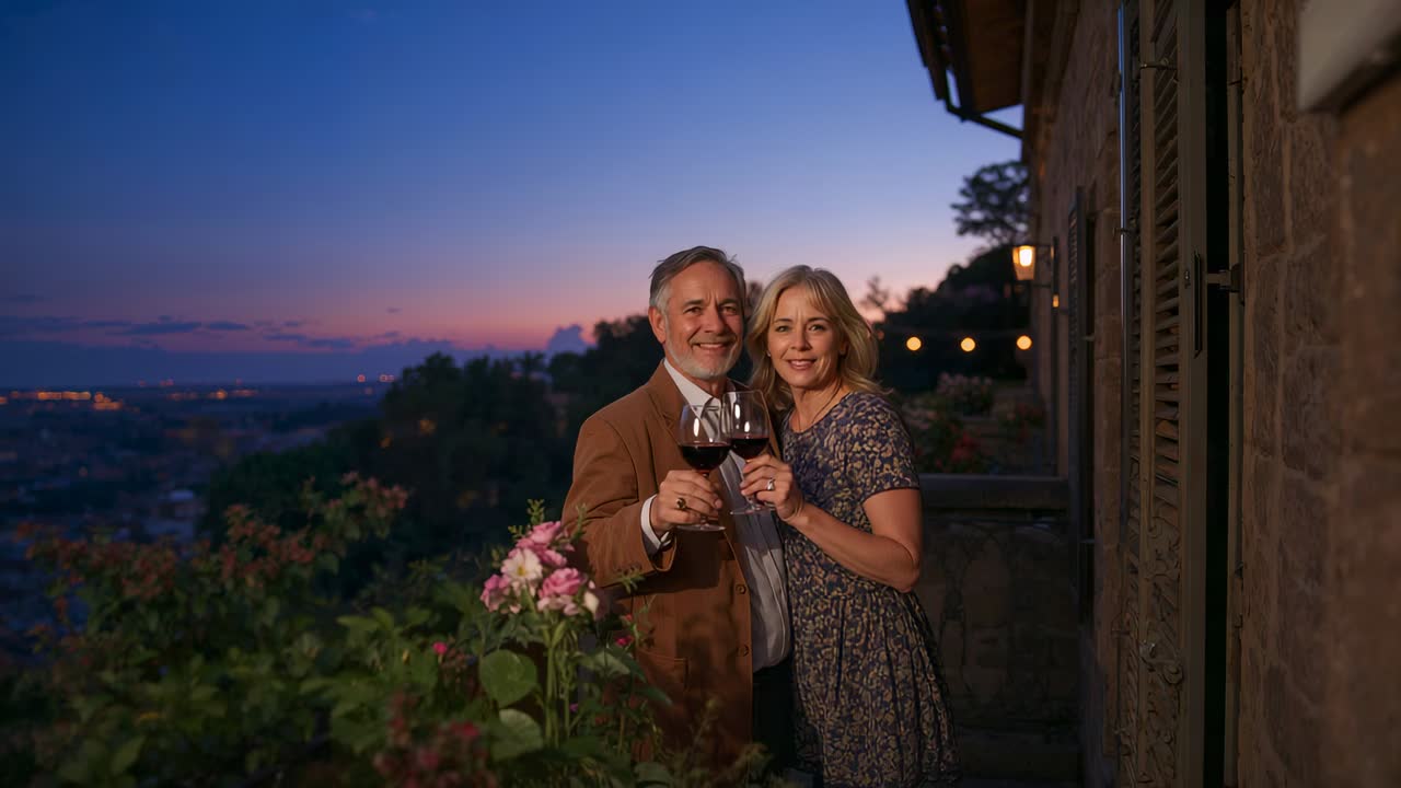 Leaning closer couple in blazer and dress on terrace, dusk inspiring raising stemmed wine glasses