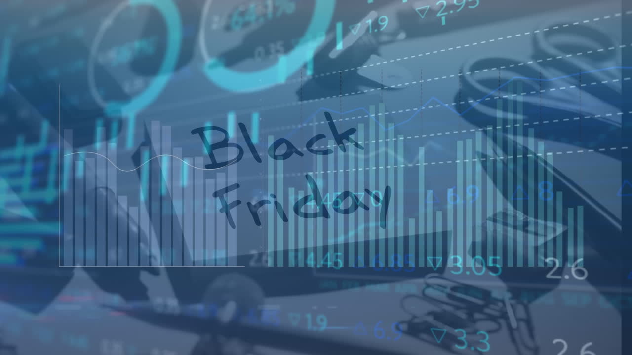 Animation of financial data processing over black friday text