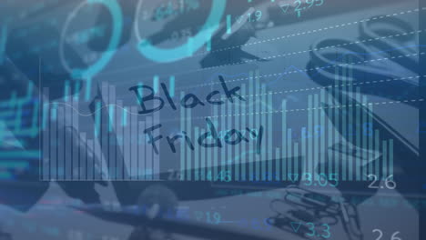 animatie van financiële gegevensverwerking over black friday tekst.
