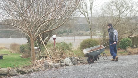 young man landscaping gardening removing old plants establishing shot