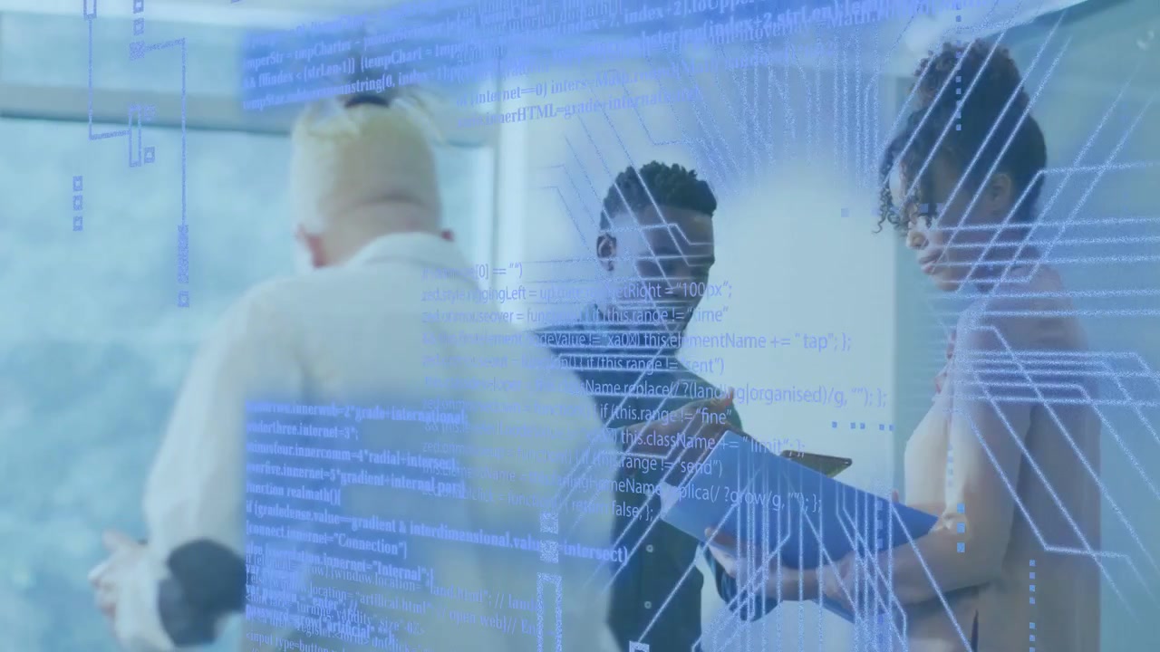 Lead man tapping phone and starting tech UI overlaying, woman reviewing blue binder, peer passing