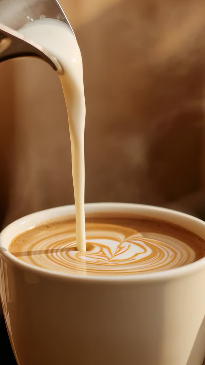 Video verticale: brocca di metallo inclinata che versa latte caldo in una tazza sul bancone con vapore che forma un cuore