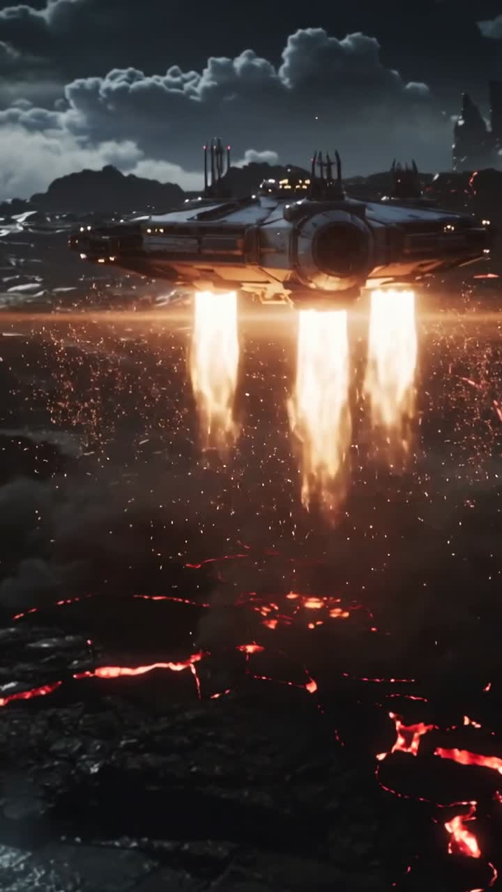 Vídeo vertical: Jatos disparando, nave subindo de fendas de lava, escapando do calor, jorrando brasas e vapor.
