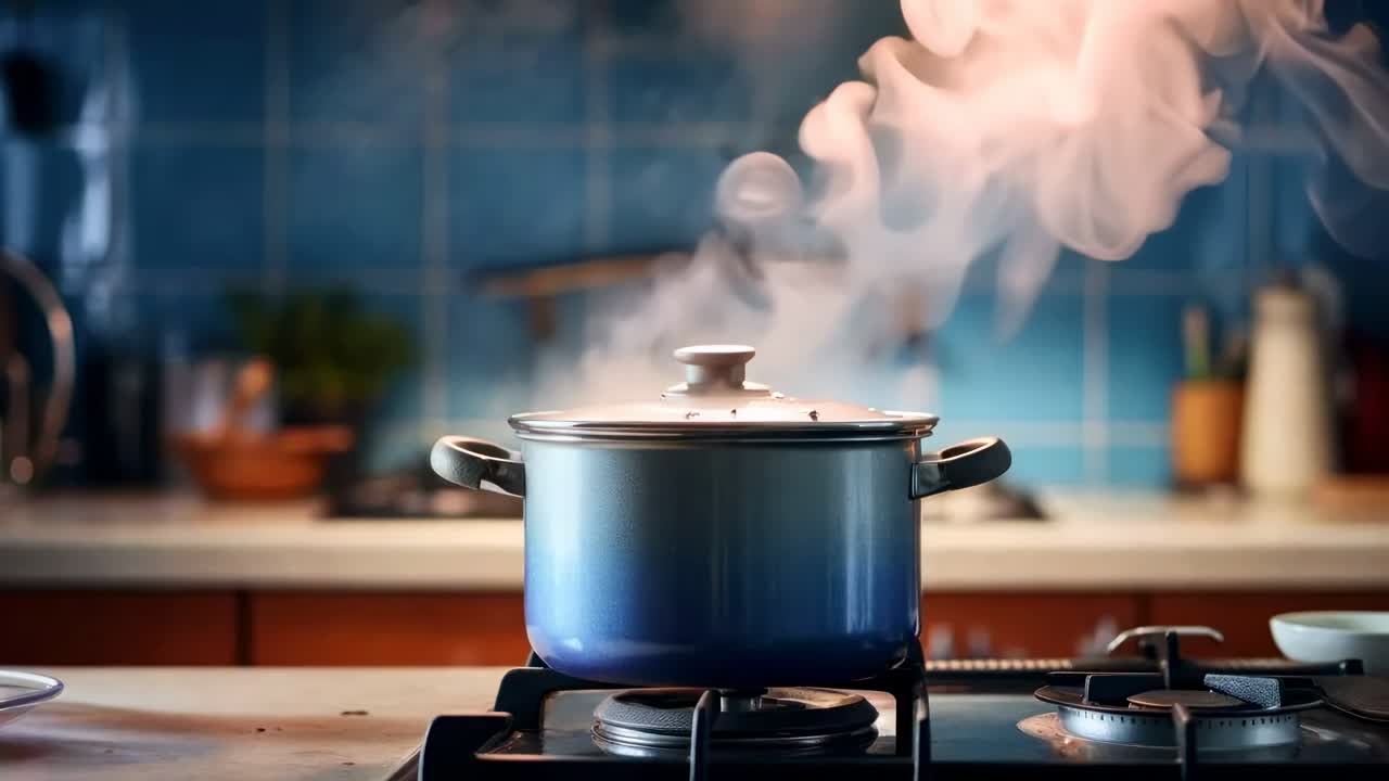 Close-up video of a steaming pot on a stove, shot from a low angle