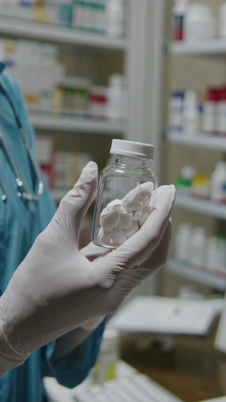 Angolazione video ravvicinata di mani con guanti che tengono un flacone di pillole in una farmacia