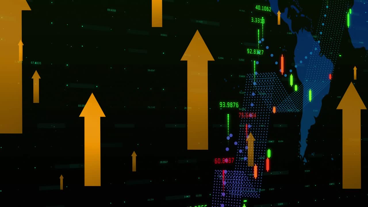 Animazione dell'elaborazione di dati finanziari su sfondo scuro