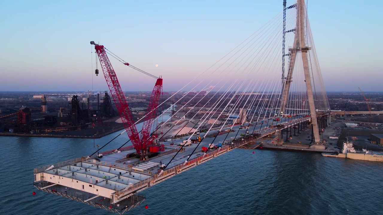 Aerial closeup view of Gordie Howe International Bridge Construction