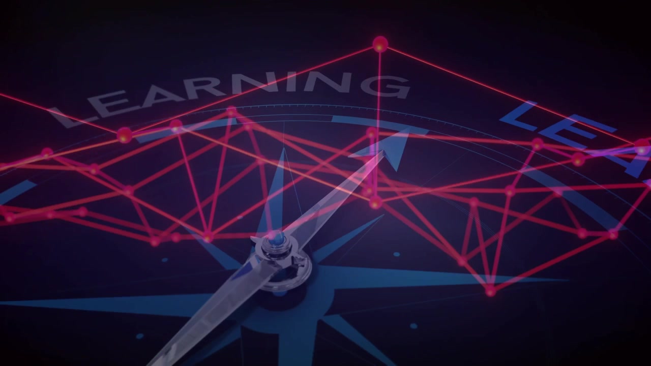 Red network forming and pulsing above compass needle and arrow rotating clockwise showing LEARNING