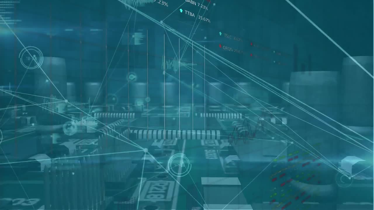 Animation of connections and data processing over computer circuit board on black background