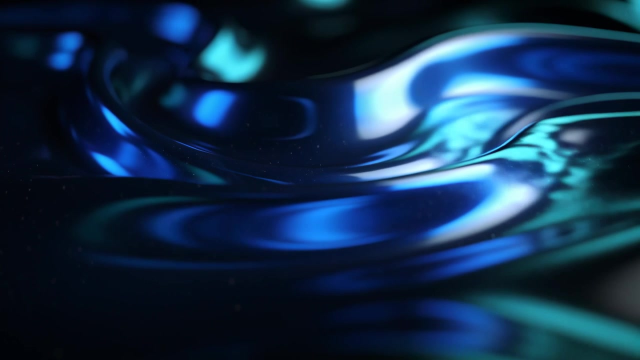 Shifting glossy metal surface forming ridges as light sweep and camera move in studio, cyan glow