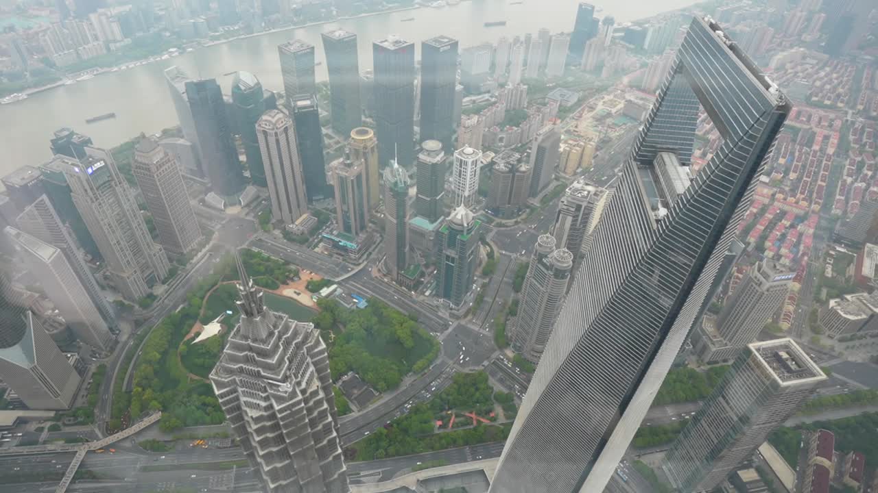 High-angle view of Pudong skyscrapers and Huangpu River, Shanghai, China