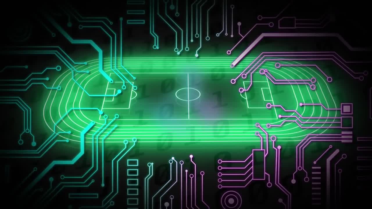 animación del campo de fútbol verde digital y el patrón de la placa de circuito sobre códigos binarios