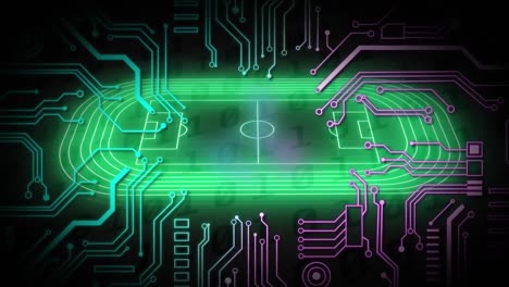 animation of digital green soccer playground and circuit board pattern over binary codes