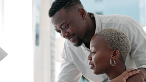 Love,-black-couple-and-kiss-in-home-while-talking