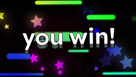 you win text with rainbow shadow effect against multiple stars and light trails on black background